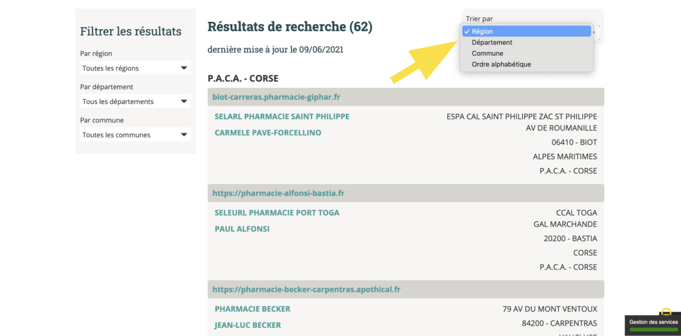 Triez les résultats grâce aux catégories proposées dans le menu déroulant