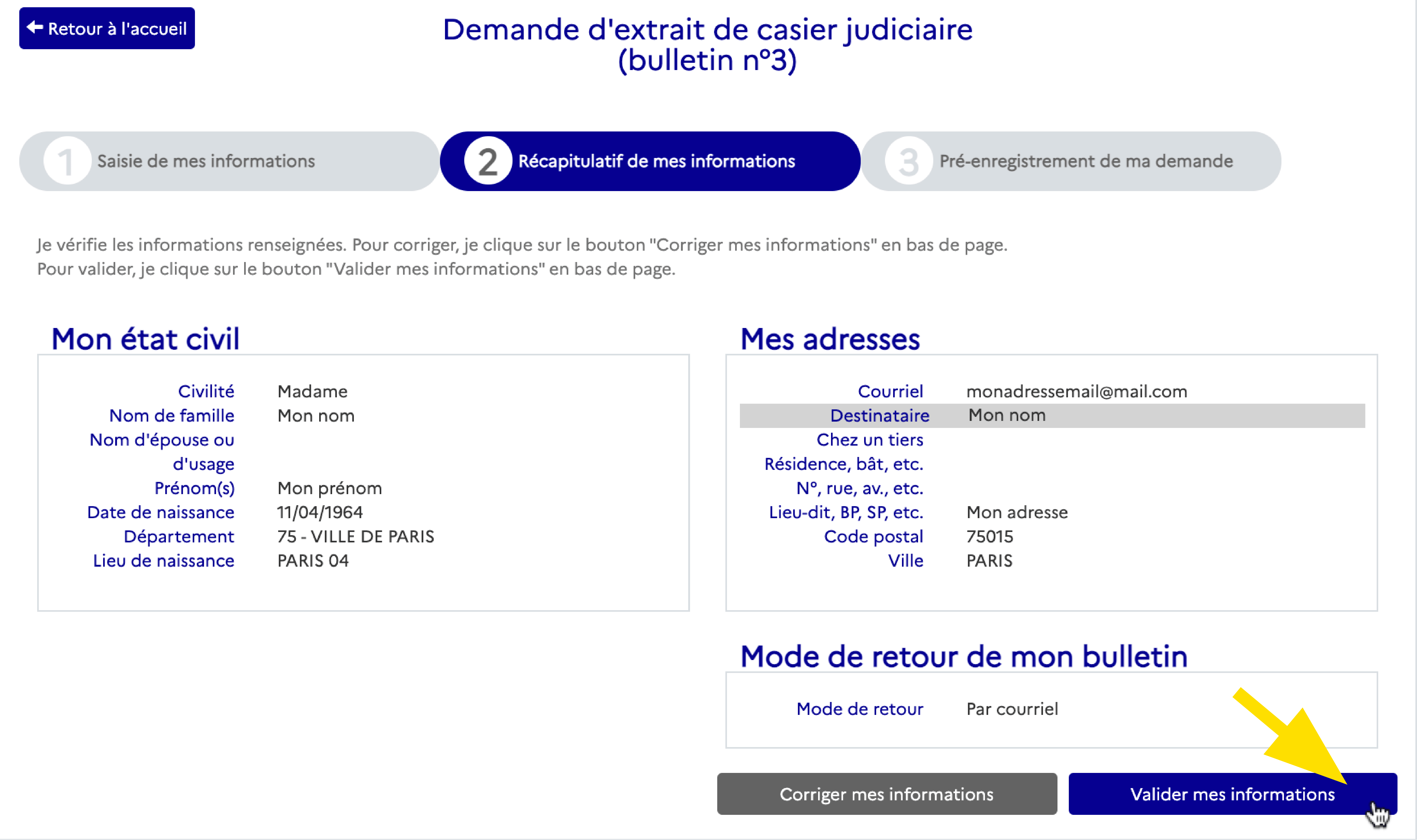 Validation des informations saisies pour la demande d'extrait de casier judiciaire