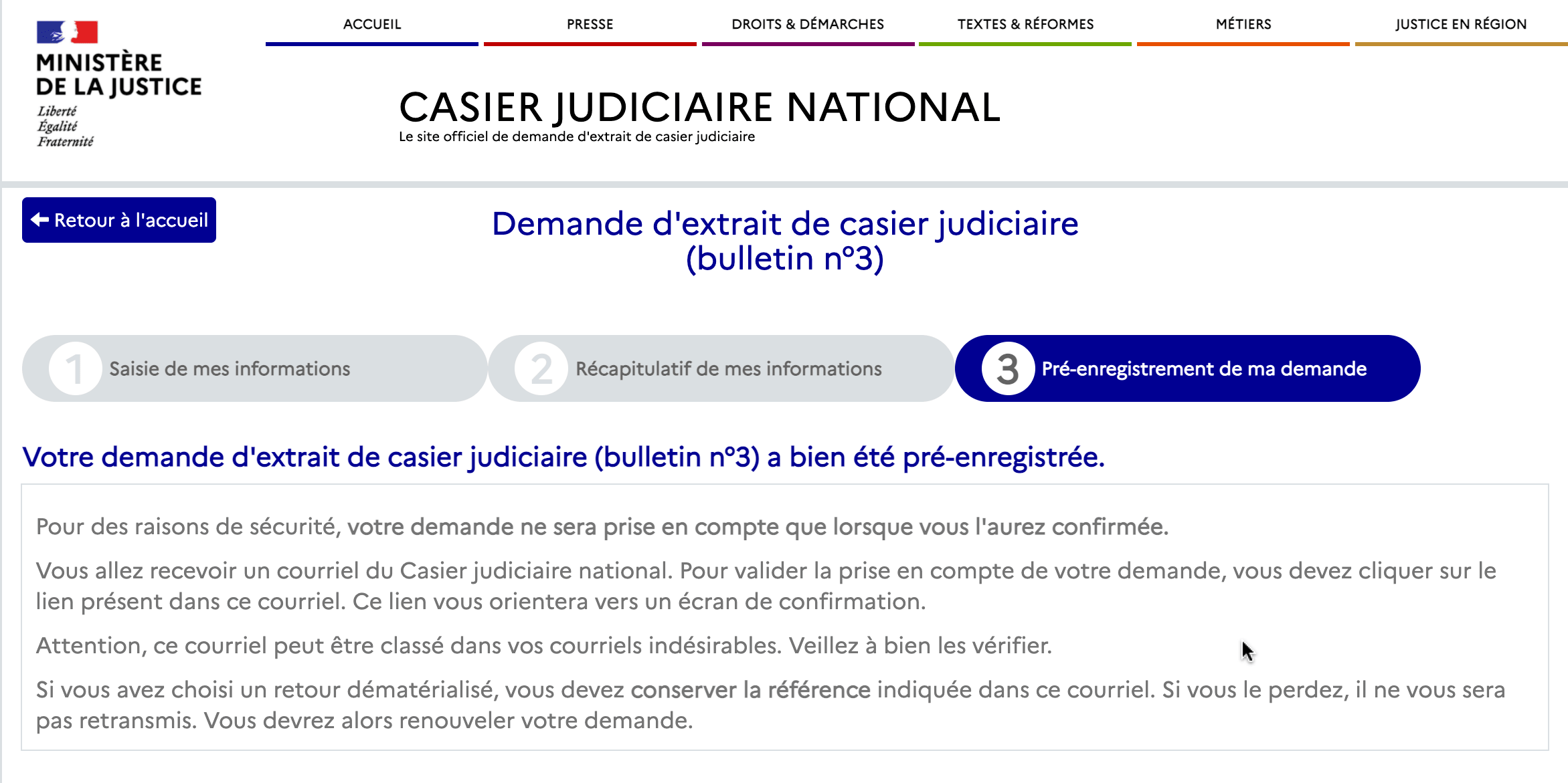 Page pour valider le pré-enregistrement de demande d'extrait de casier judiciaire