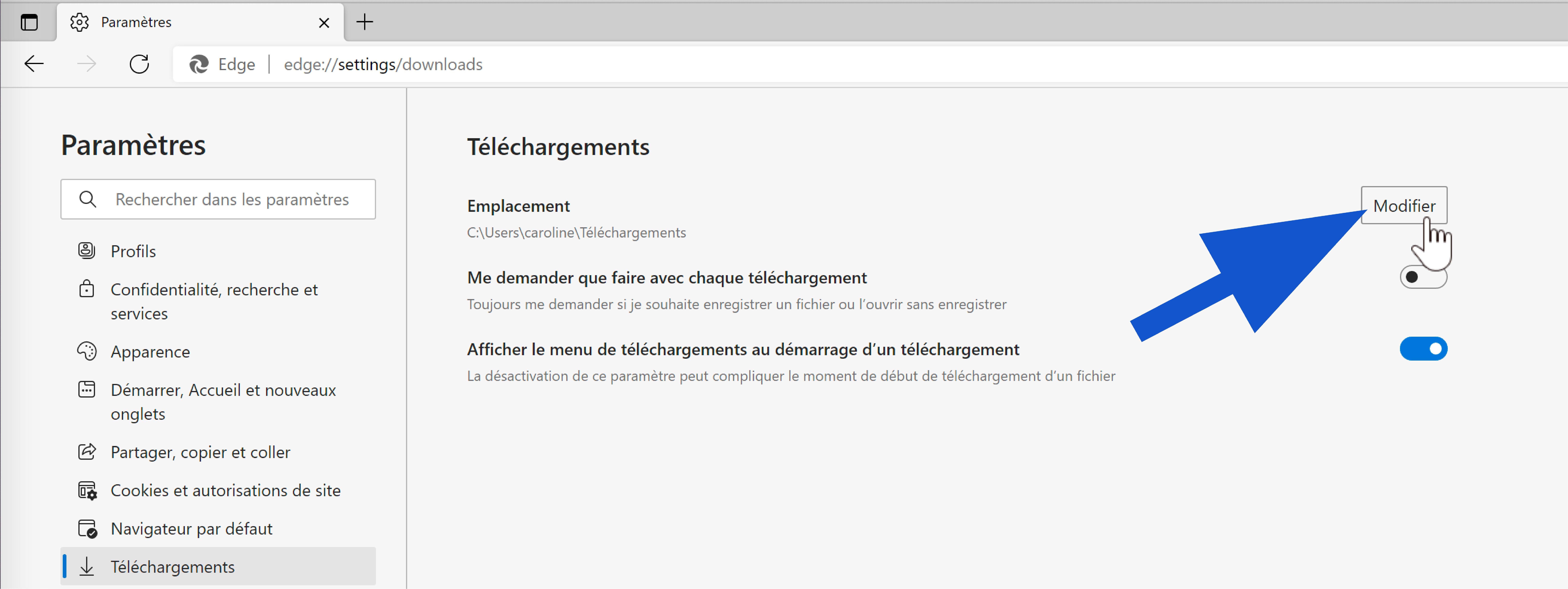 Bouton Modifier l'emplacement des téléchargements sur Edge