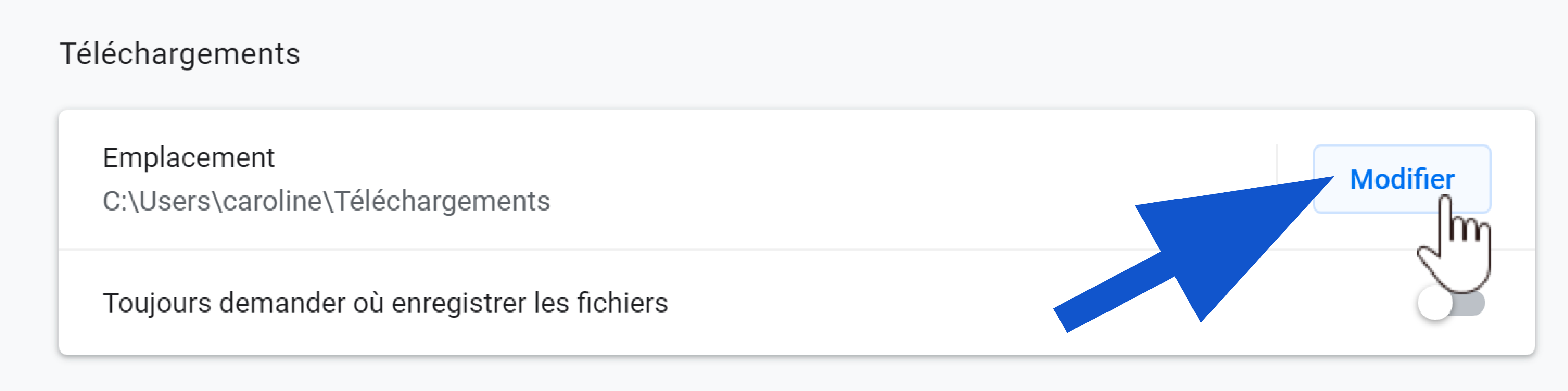 Bouton Modifier l'emplacement de téléchargement des fichiers dans Chrome