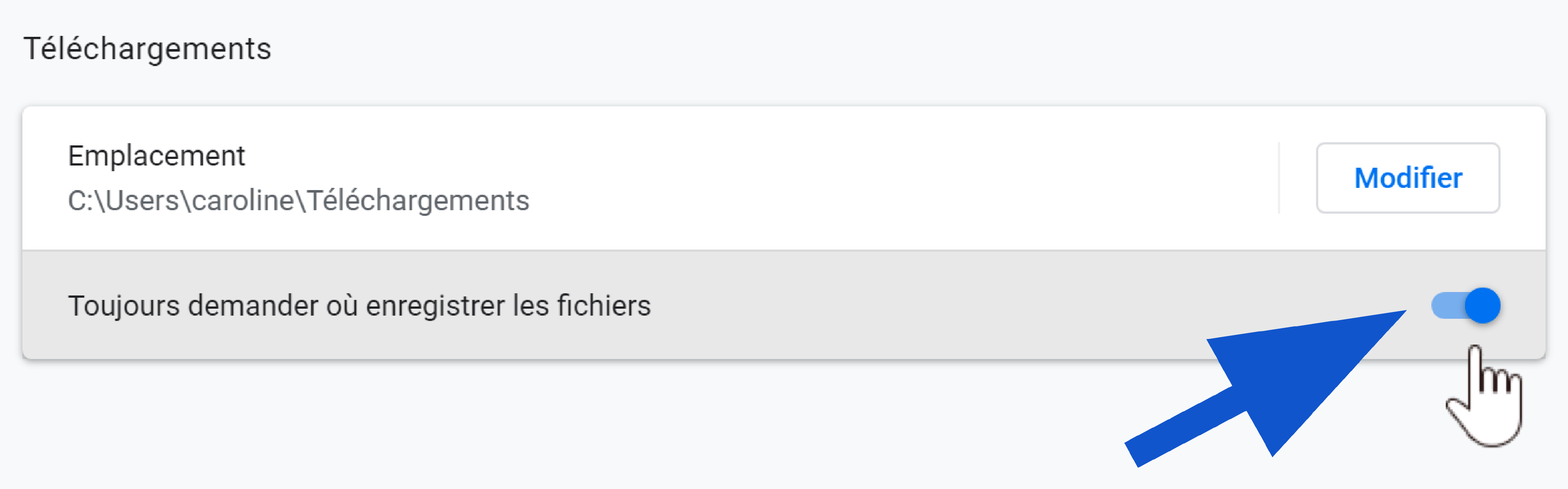 Bouton Toujours demander où enregistrer les fichiers dans Chrome