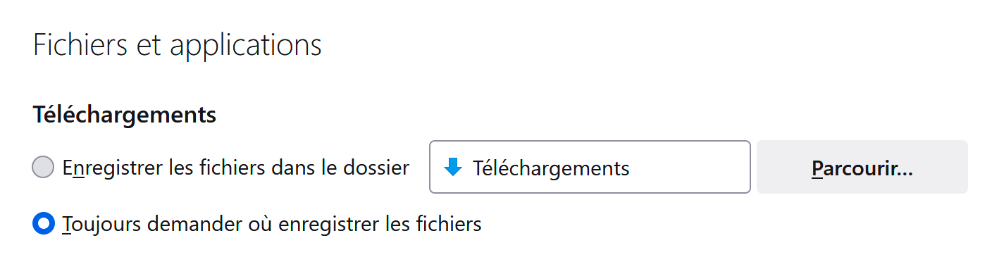 Bouton Toujours demander où enregistrer les fichiers de Firefox