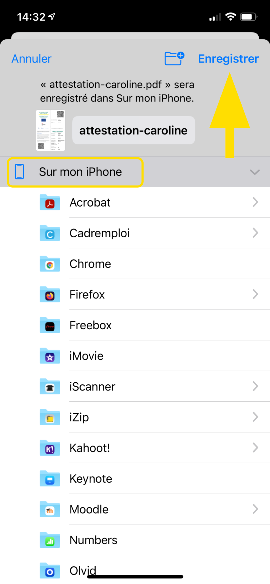 Bouton enregistrer le PDF sur iPhone