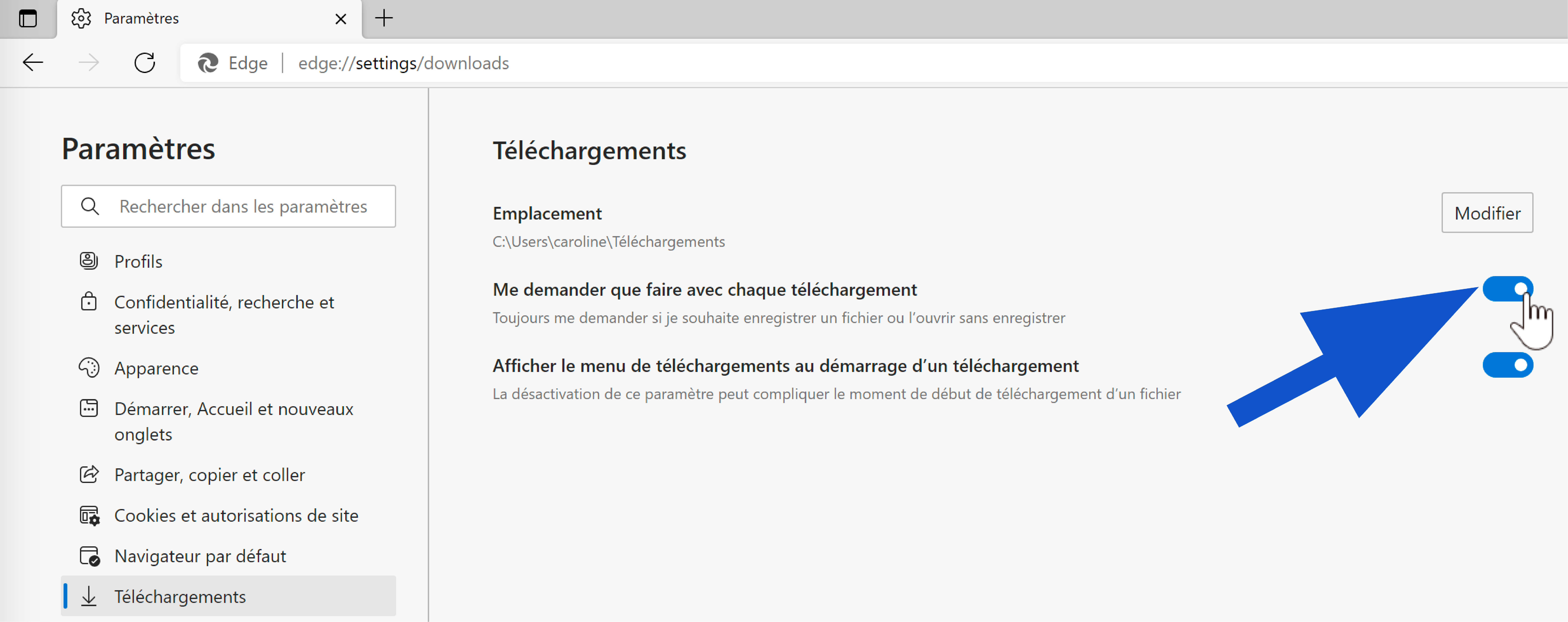 Bouton Me demander que faire avec chaque téléchargement sur Edge