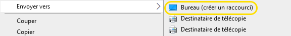 Menu contextuel pour créer des raccourcis avec Envoyer vers