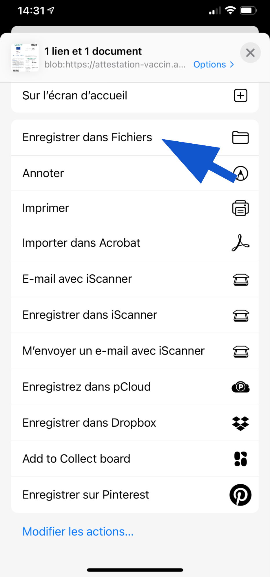 Sélection de l'emplacement d'enregistrement du PDF sur iPhone