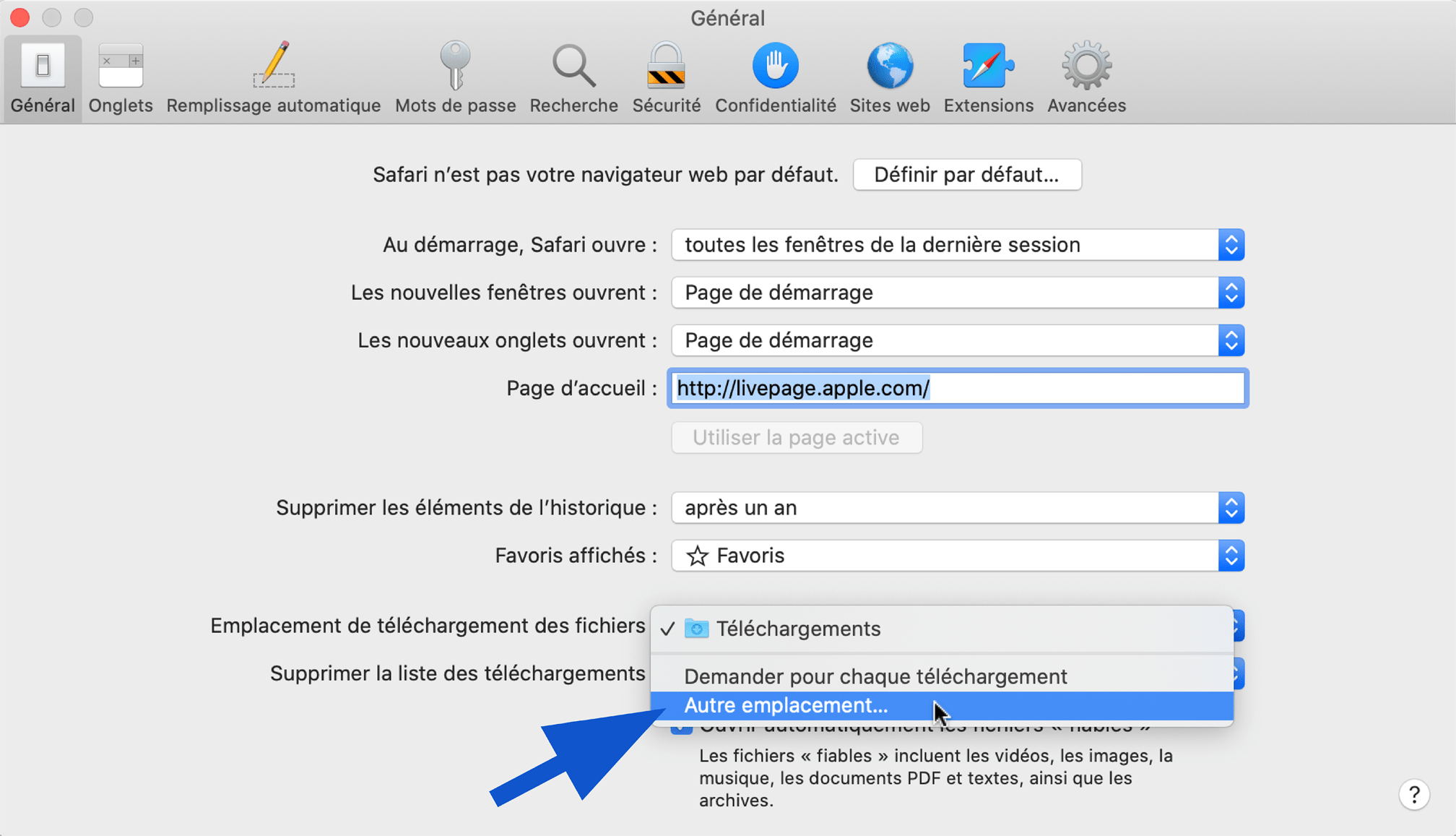 Sélectionner un autre emplacement pour les fichiers téléchargés sur Safari