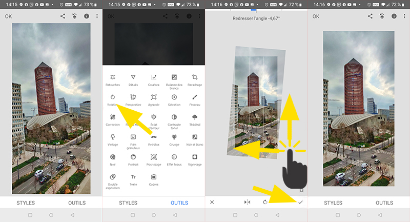 Exemple d'utilisation de l'outil Rotation de l'application Snapseed