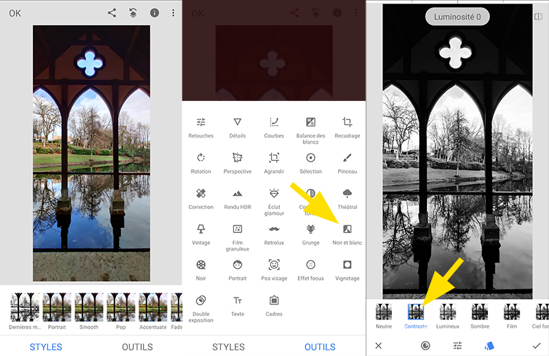 Exemple d'utilisation de la fonction Noir et blanc de l'application Snapseed