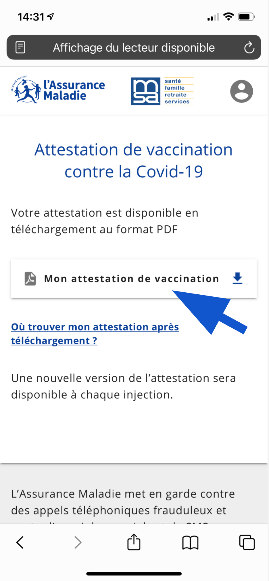 Téléchargement de l'attestation de vaccination sur iPhone