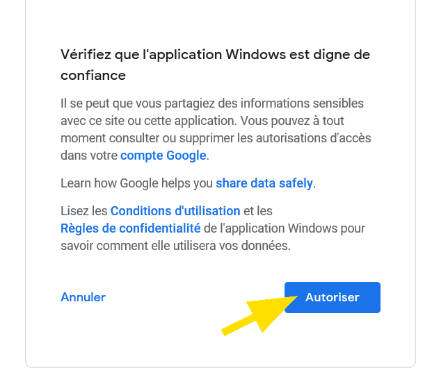 Autoriser les fonctions liés au compte Gmail