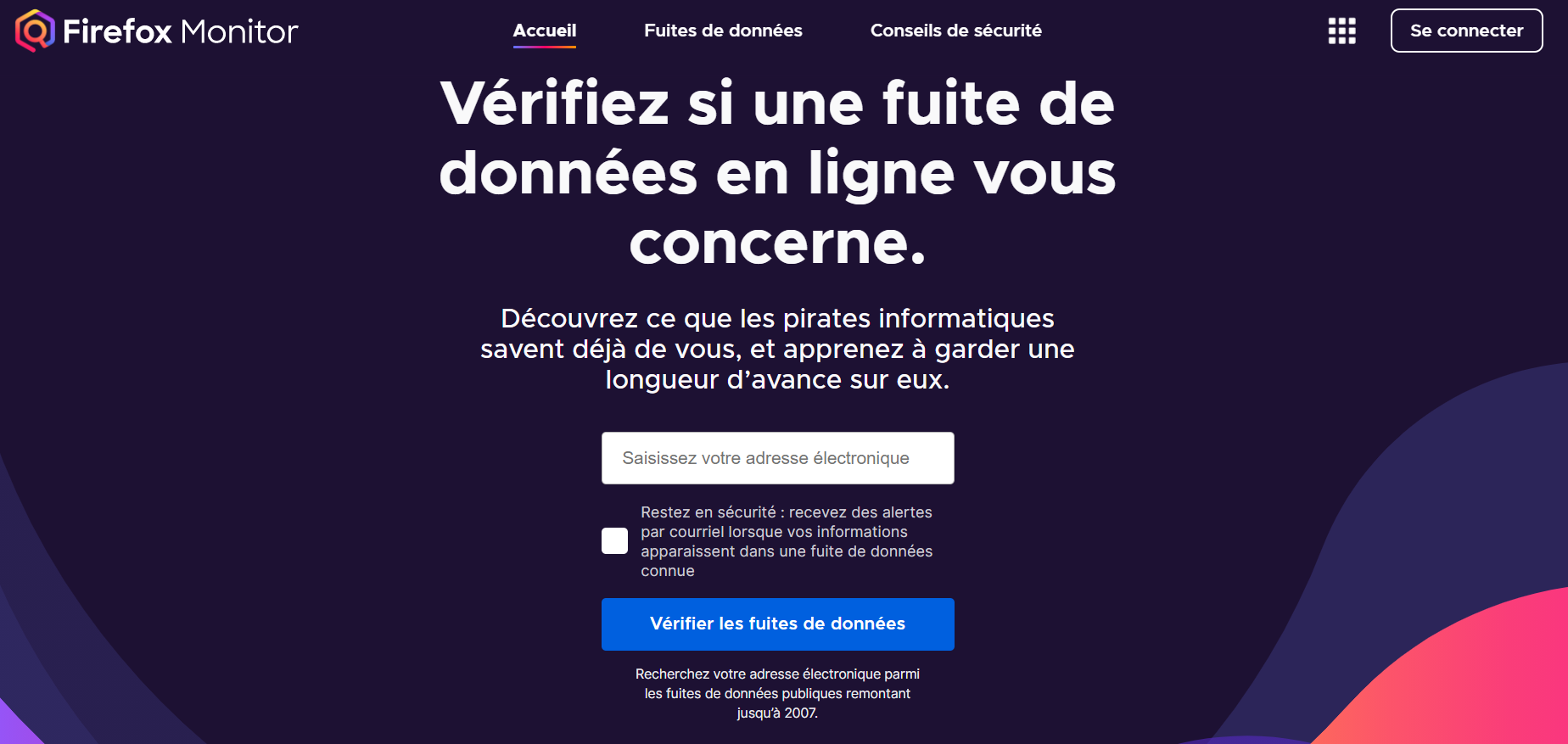 Page d'accueil du site Firefox Monitor