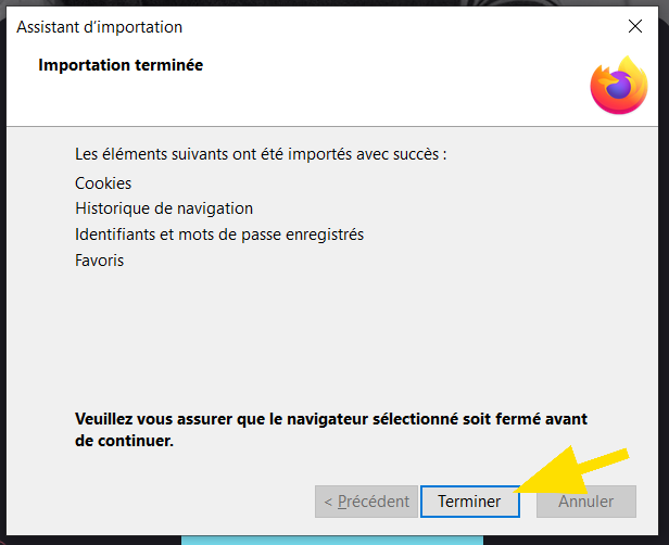 Fin de l'importation des données depuis Chrome