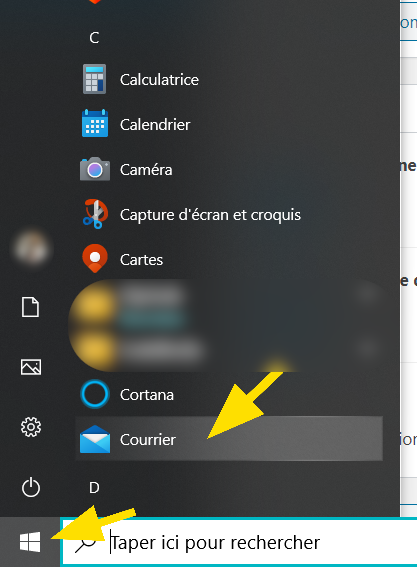 Ouvrir Courrier via le menu démarrer