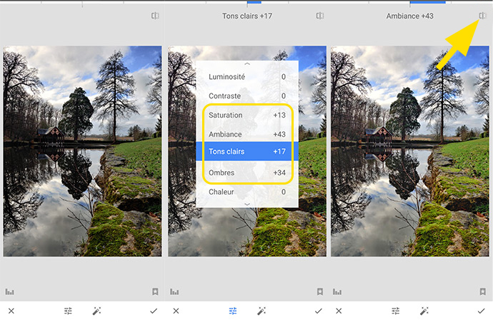 Fonctions retouches des outils de l'application Snapseed