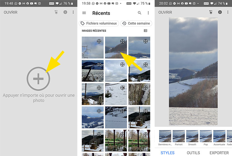 Sélection d'images récentes de l'application Snapseed