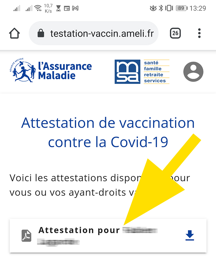 Bouton pour télécharger l'attestation de vaccination