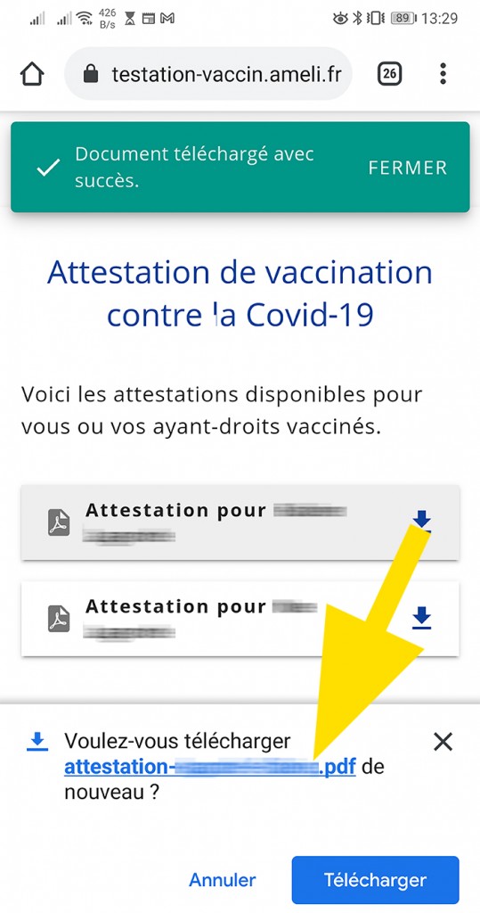 pop-up demandant s'il faut télécharger à nouveau une attestation (cas où une première attestation a déjà été téléchargée)