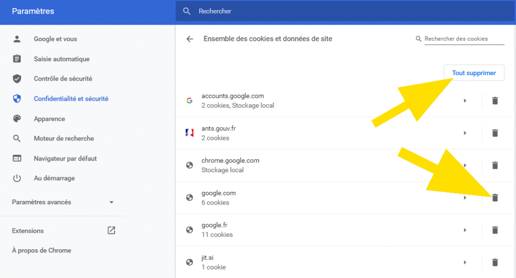 Navigateur Chrome -Cliquez sur tout supprimer pour effacer tous les cookies ou cliquez sur la poubelle située en face du site à effacer