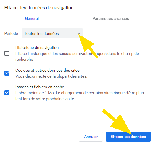 Effacer les données de navigation sur Chrome, en sélectionnant une période, ensuite cliquez sur Effacer les données