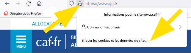 Cliquez sur le cadenas dans la barre d'adresse de Firefox et sélectionnez Effacer les cookies et les données de sites