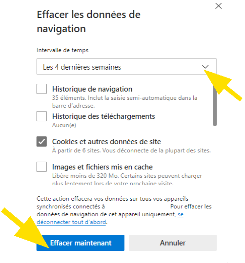 Effacer les données de navigation sur Microsoft Edge, choisissez la période en cliquant dans le menu déroulant et cliquez sur Effacer maintenant