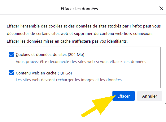 Cliquez sur le bouton Effacer pour supprimer les données sur Firefox