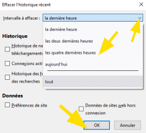 Effacer l'historique récent sur Firefox, en choisissant la période que vous souhaitez effacer dans le menu déroulant