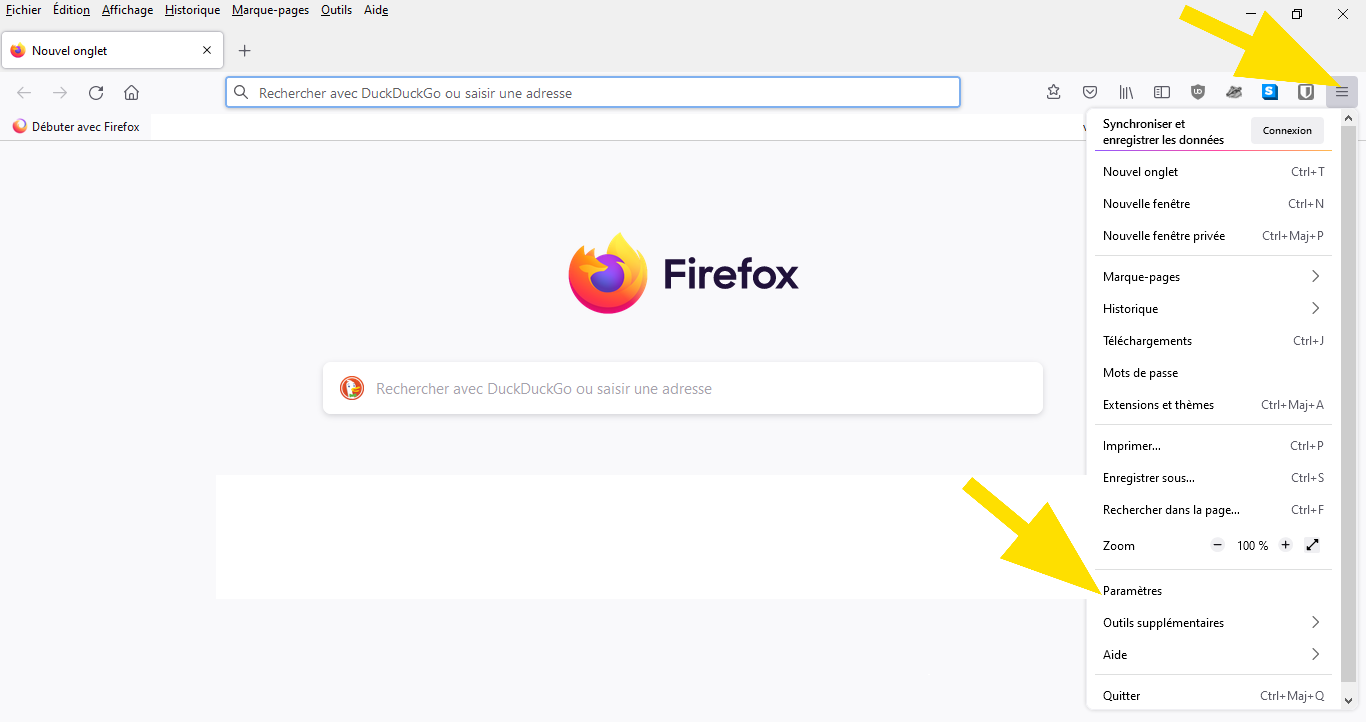 Dans Firefox, cliquez sur le menu et ensuite sur Paramètres