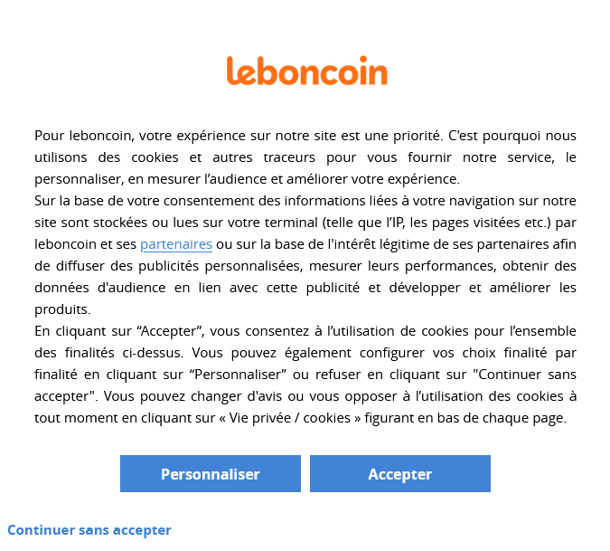 Bandeau de paramétrage des cookies du site Le Bon Coin