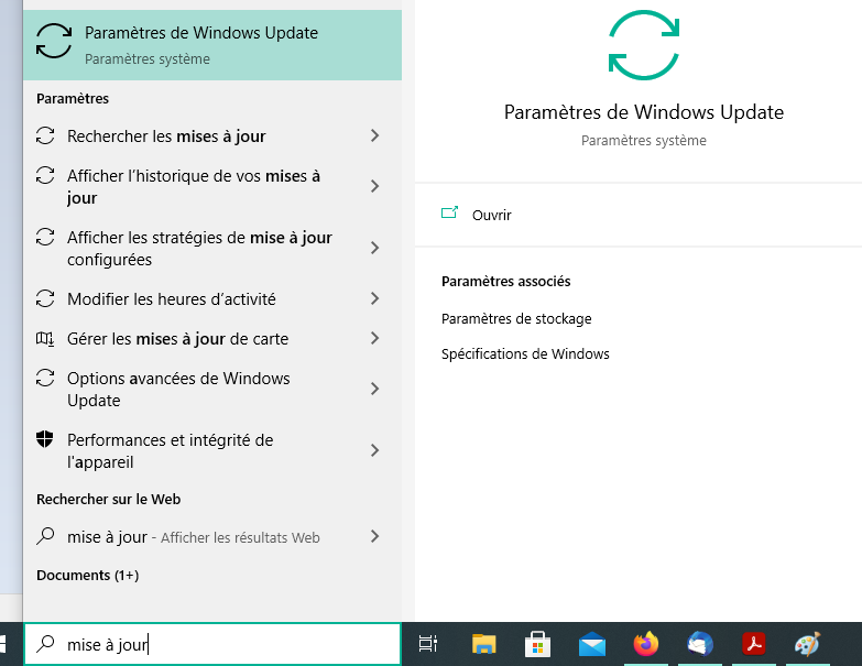 Sélectionnez les paramètres de Windows update de la barre de recherche